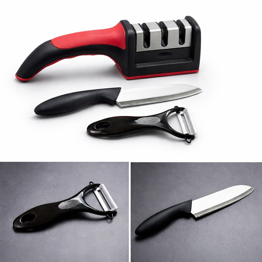 3-in-1 Diamond Coated Knife Sharpener Set with Ceramic Peeler – Professional 3 Stage Kitchen Knife Sharpening Tool